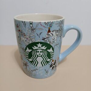 Starbucks 2020 "Birthday Party Animals" 10 oz Blue Mug-Zebra, Tiger, Panda Foral